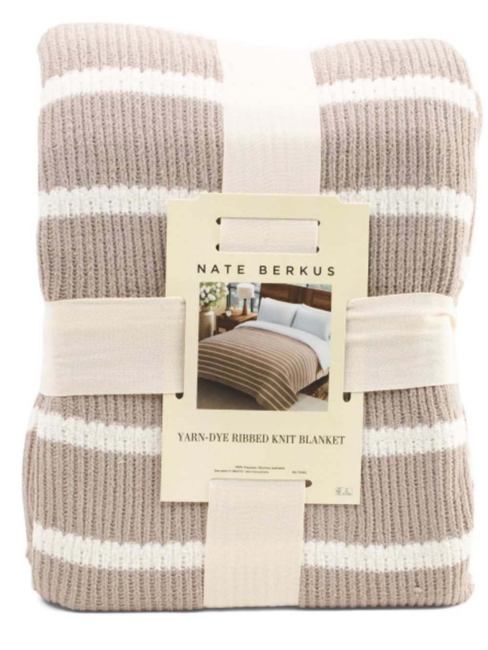 Nate Berkus Taupe and White Ribbed Knit Throw